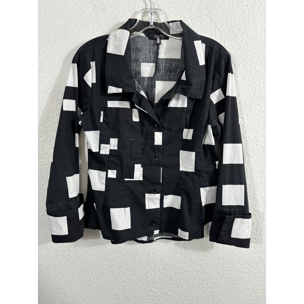 Comfy USA Black White Geometric Square Print Button Shirt Small Cotton *Fading